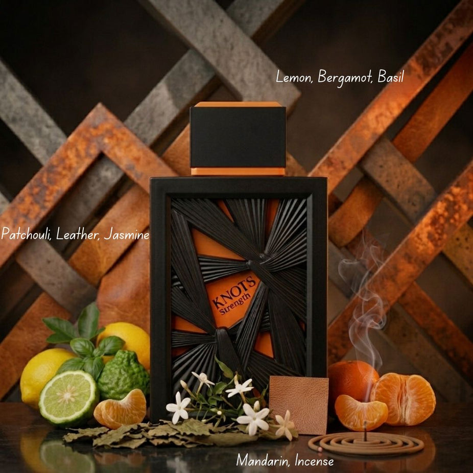 Aura by Aura Knots Strength Eau de Parfum spray 100ml bottle, elegant packaging with the perfume bottle visible.