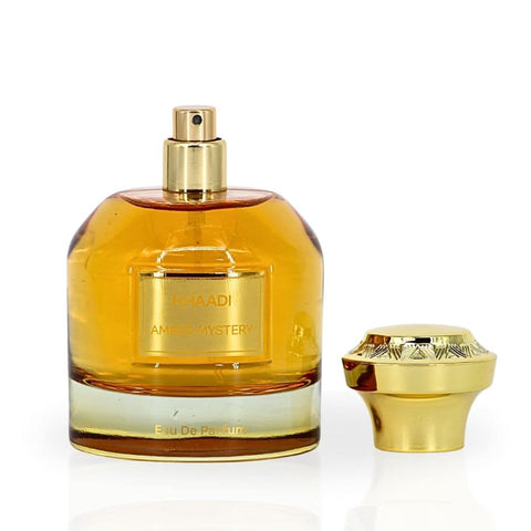 Khaadi Amber Mystery Eau de Parfum spray bottle, 100ml, with amber-colored liquid and elegant perfume packaging.