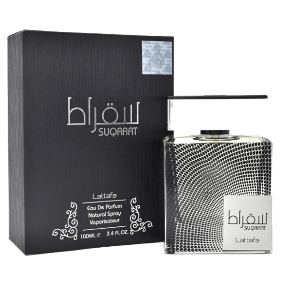 Lattafa Suqraat Eau de Parfum spray bottle, 100ml, with elegant packaging and fragrance details visible.