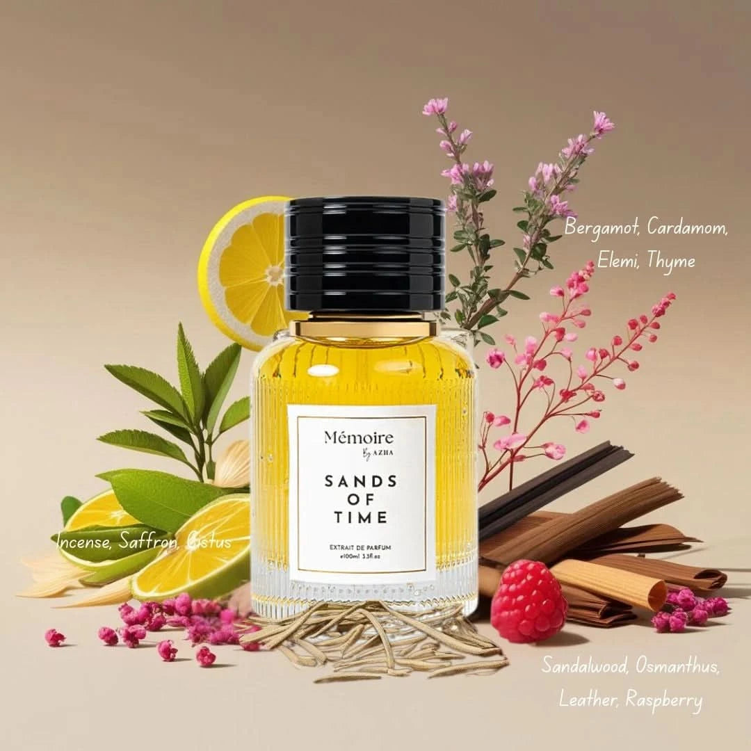 Azha Sands of Time Extrait de Parfum Spray 100ml bottle from the Memoire Collection, elegant glass bottle with gold accents.