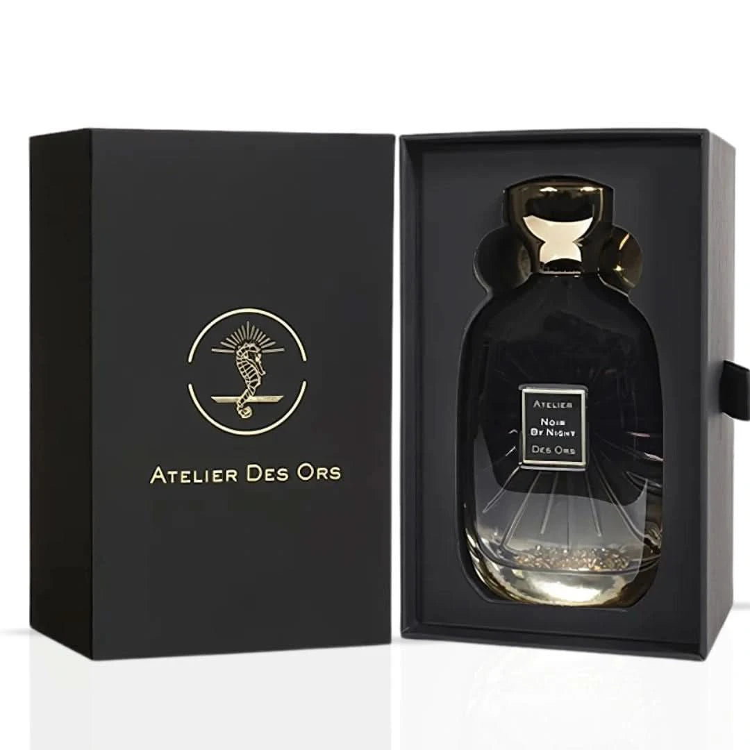 Noir by Night Eau de Parfum spray by Atelier Des Ores, 100ml bottle with elegant black cap and sleek glass design.