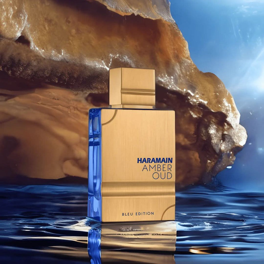 Al Haramain Amber Oud Gold and Bleu Edition Eau de Parfum sprays in 100ml bottles, displayed together in a bundle.