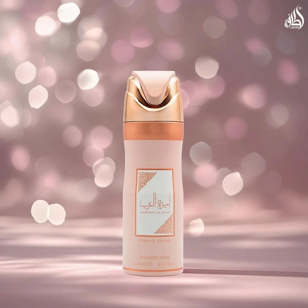 Lattafa Ameerat Al Arab Prive Rose deodorant spray 200ml bottle with elegant packaging and floral design.