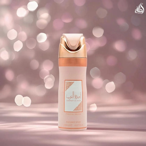 Lattafa Ameerat Al Arab Prive Rose deodorant spray 200ml bottle with elegant packaging and floral design.