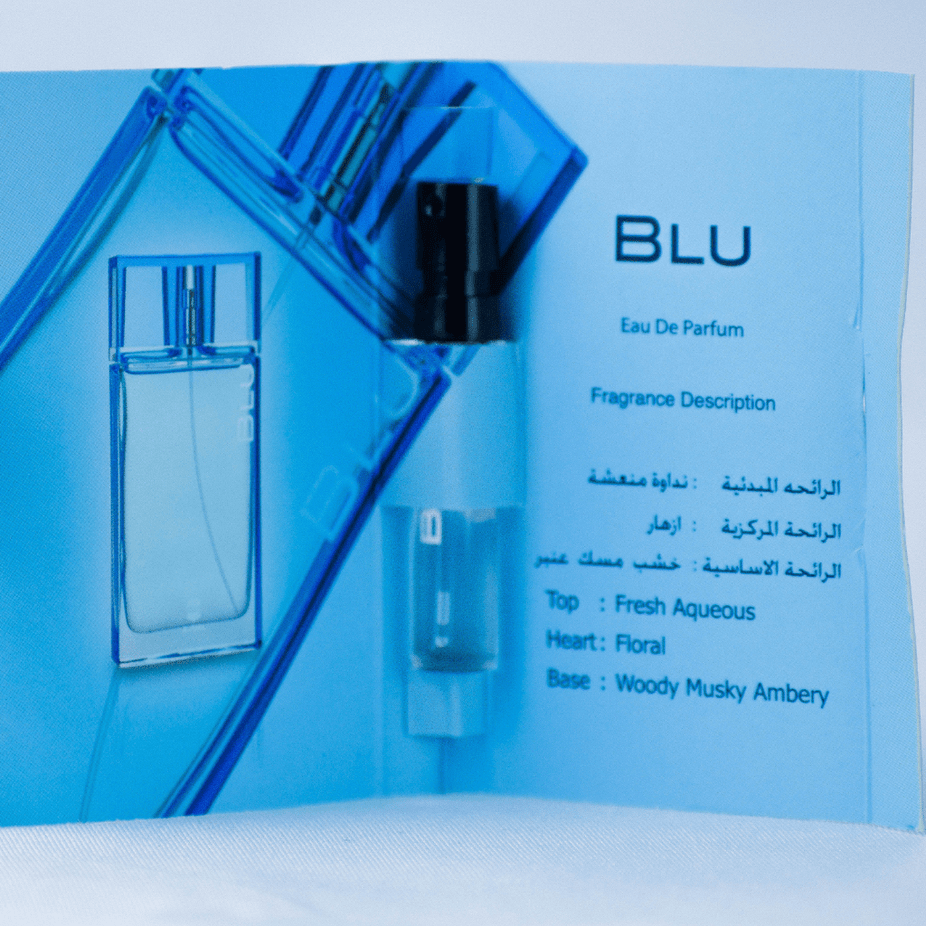 Ajmal Blu EDP sample for men, 1ml fragrance vial, showcasing the small perfume sample with branding and packaging details.