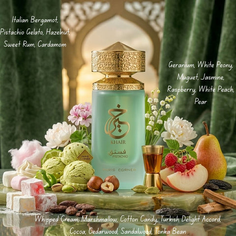Paris Corner Khair Pistachio Eau de Parfum spray 100ml bottle, elegant glass container with pistachio scent details.