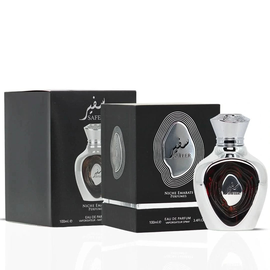 Lattafa Niche Emarati Safeer Eau De Parfum spray 100ml, elegant bottle with gold accents, showcasing the luxurious fragrance.