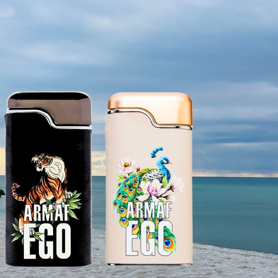 Armaf Ego Tigre for Men and Ego Exotic for Women 100ml perfume spray bundle, featuring sleek bottles with elegant design details.