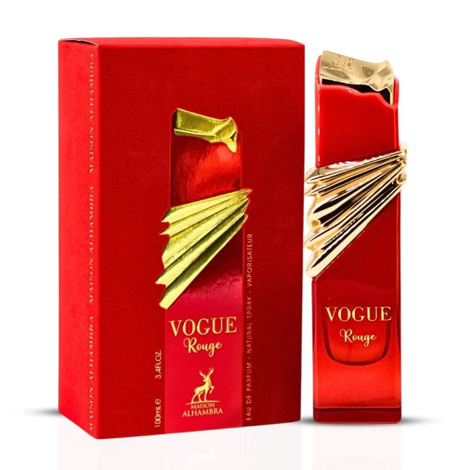Bundle of four Maison Alhambra Vogue Eau de Parfum sprays including Vogue Party, Vogue Night, and Vogue Rouge in 100ml bottles