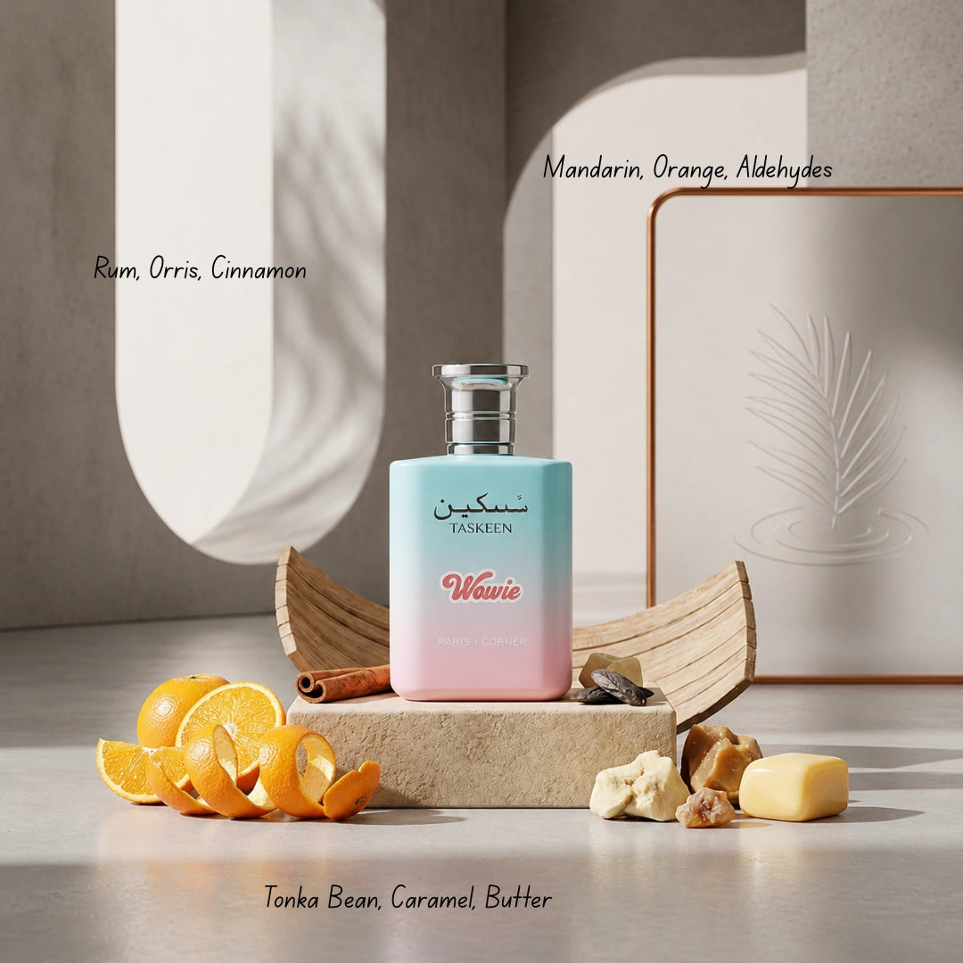 Taskeen Wowie Eau de Parfum spray by Paris Corner, 100ml bottle with elegant packaging and floral and citrus scent details.