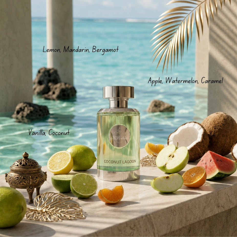 Coconut Lagoon Eau de Parfum spray by Paris Corner, 100ml bottle with elegant floral design and coconut fragrance.