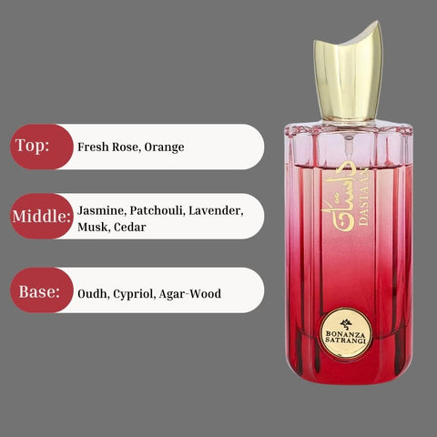 Bonanza Satrangi Dastaan EDP spray bottle, 100ML, with elegant, long-lasting floral and aromatic fragrance.