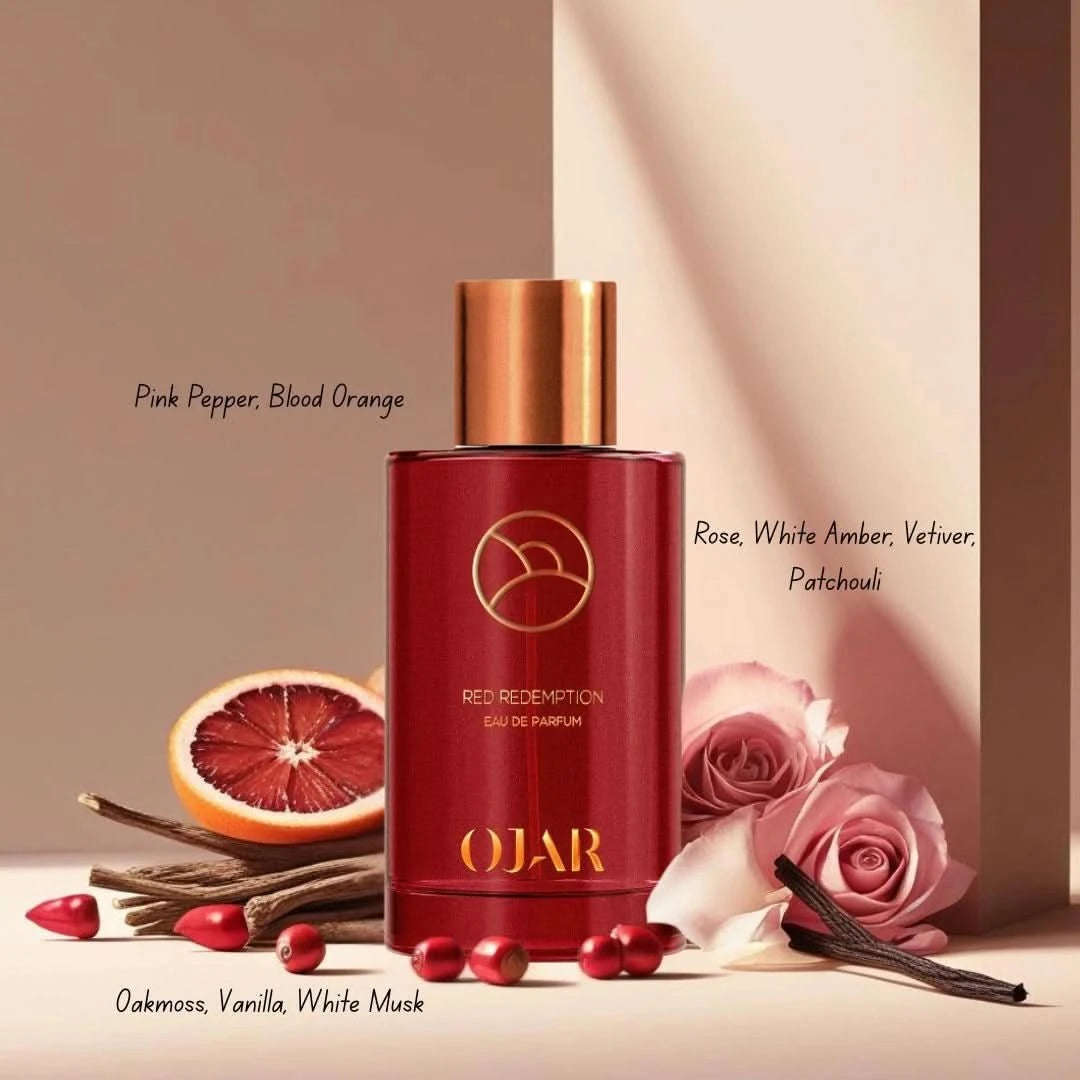 Red Redemption Eau de Parfum Spray by Ojar, 100ml, featuring a sleek red bottle and elegant packaging.