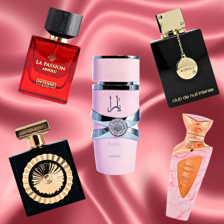 Collection of Intense Oud Yara, Nebras, Cleopatra, Club De Nuit Intense, La Passion Absolu Eau De Parfum sprays for women, bottles displayed.