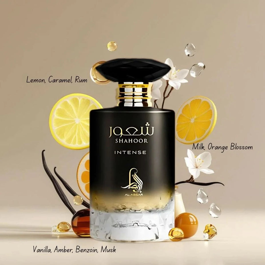 Al Absar Shahoor Intense, Elixir, and Platinum Eau de Parfum sprays in a 100ml bundle, featuring elegant bottles and luxurious fragrances.
