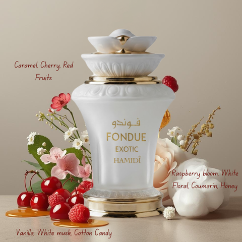 Hamidi Fondue Exotic Eau de Parfum spray 100ml with velvet pouch, featuring a sleek bottle design and elegant packaging.