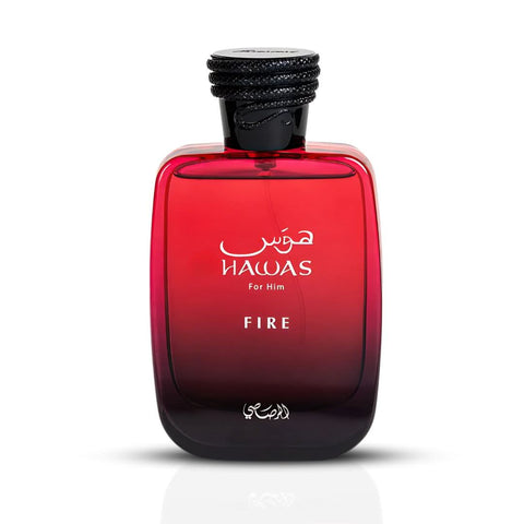 Set of three Rasasi Hawas Fire for Him Eau de Parfum sprays in 100ml bottles, featuring sleek packaging and branding.