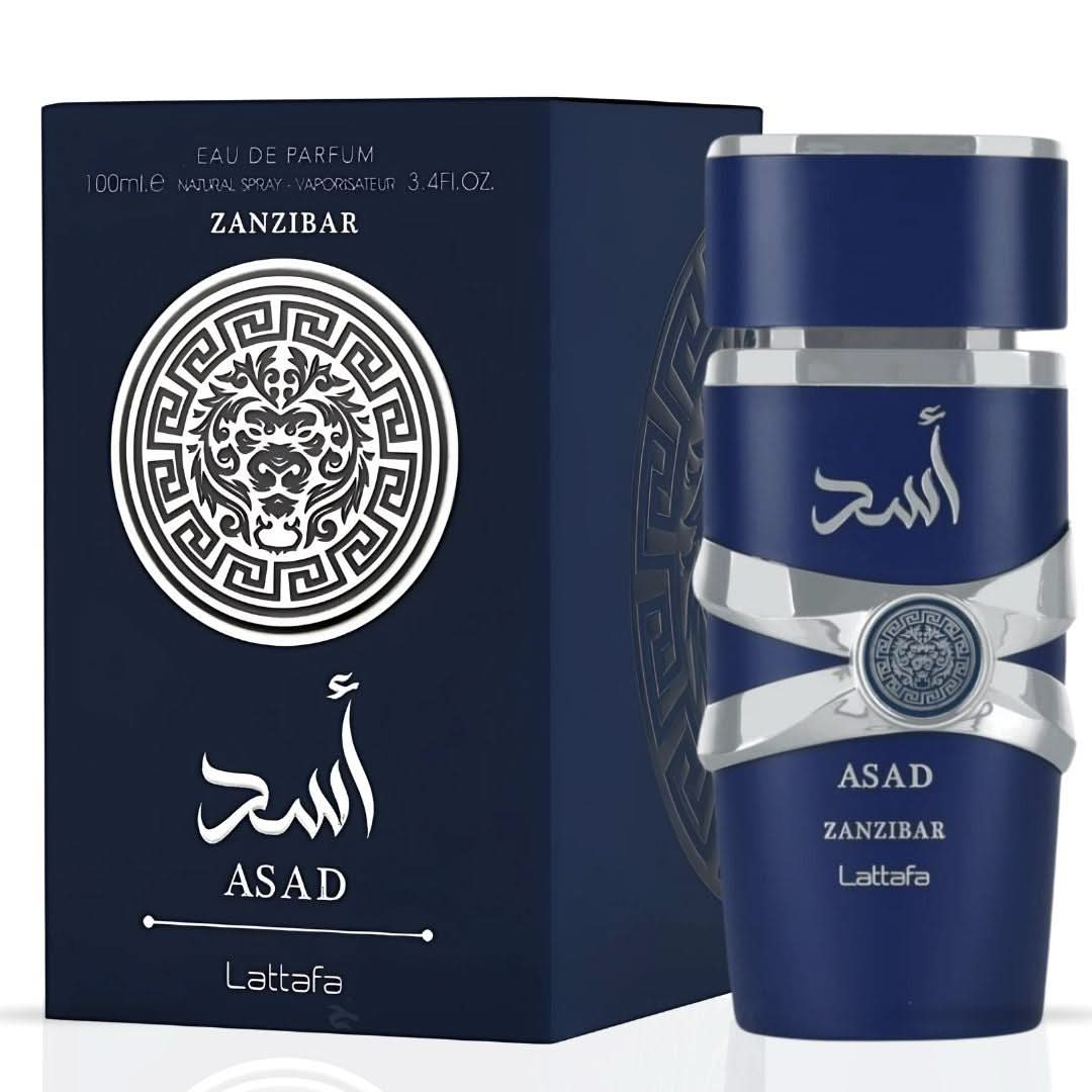 Lattafa Ameer Al Oudh Intense Oud and Asad Zanzibar Eau De Parfum sprays in a 100ml bundle, featuring elegant perfume bottles.