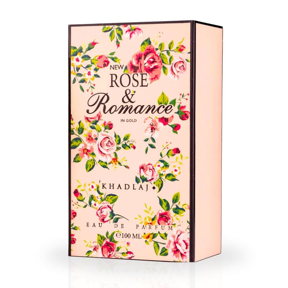 Khadlaj Rose & Romance Gold Eau De Parfum spray 100ML bottle with elegant floral design and gold accents.