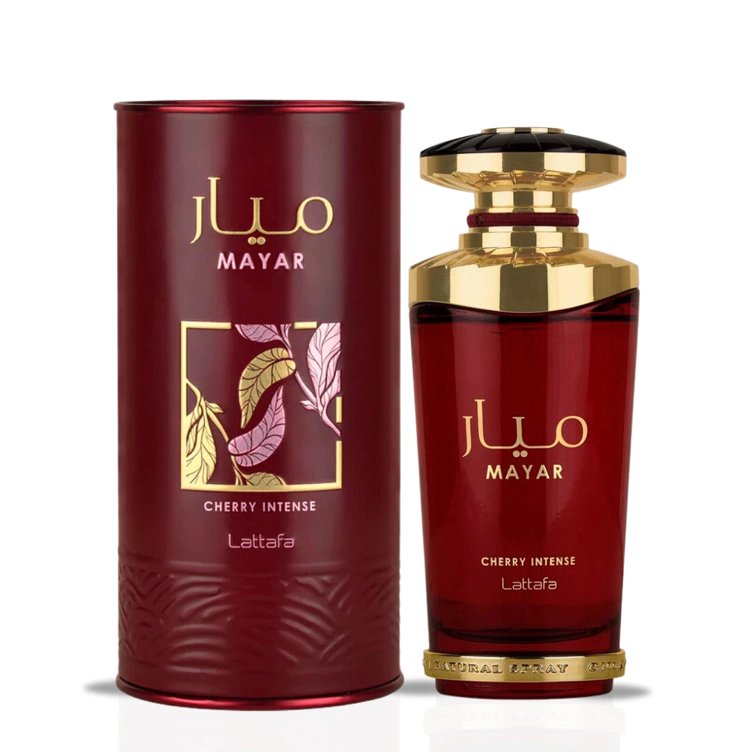 Bundle of two 100ml Mayar Cherry Intense and Cherry Gossip Eau de Parfum Sprays by Lattafa and Paris Corner, featuring fruity floral scents.
