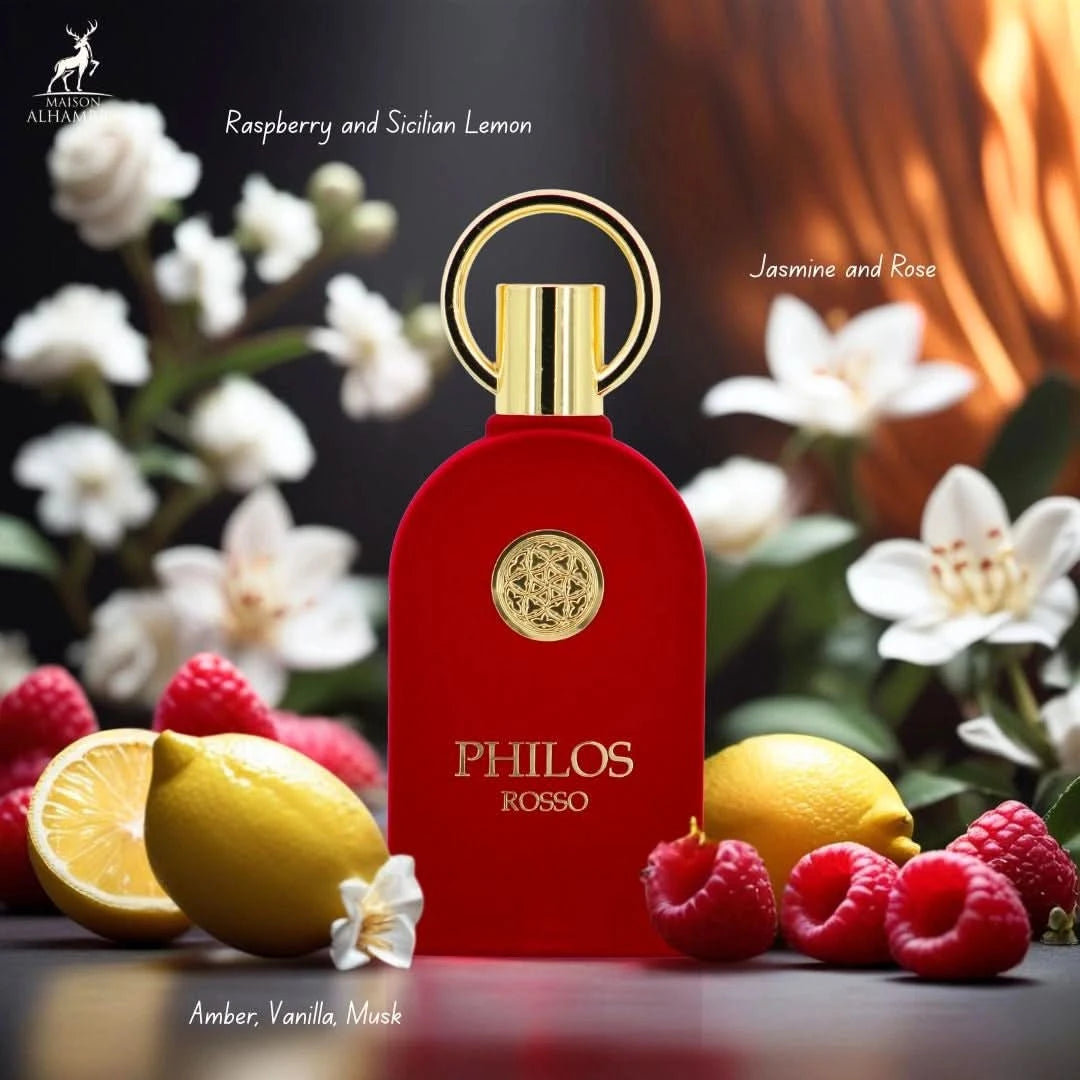 Maison Alhambra Philos Rosso Eau de Parfum spray bottle, 100ml, elegant packaging with a sleek design.