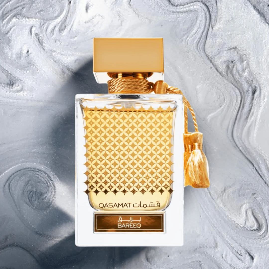Rasasi Qasamat Ebhar and Bareeq Eau de Parfum sprays in a 65ml bundle, featuring elegant bottles with gold accents and intricate designs.
