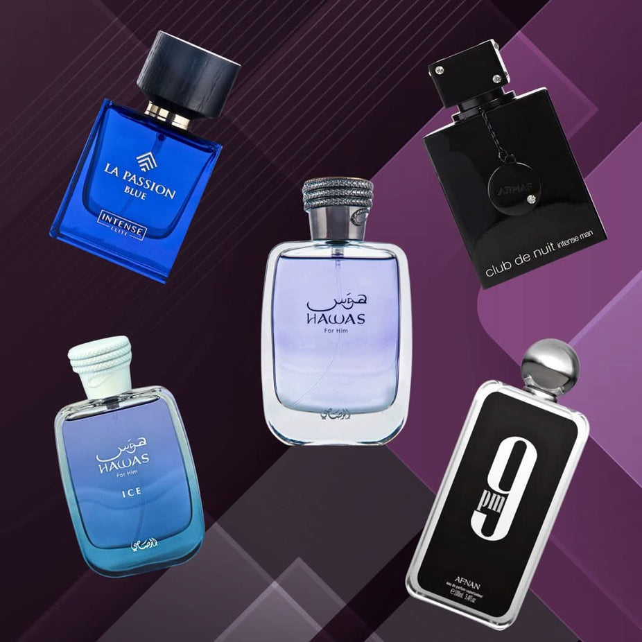 Assorted Intense Oud Hawas Men Eau De Parfum sprays including Hawas Ice, 9PM, Club De Nuit Intense, and La Passion Blue bottles.
