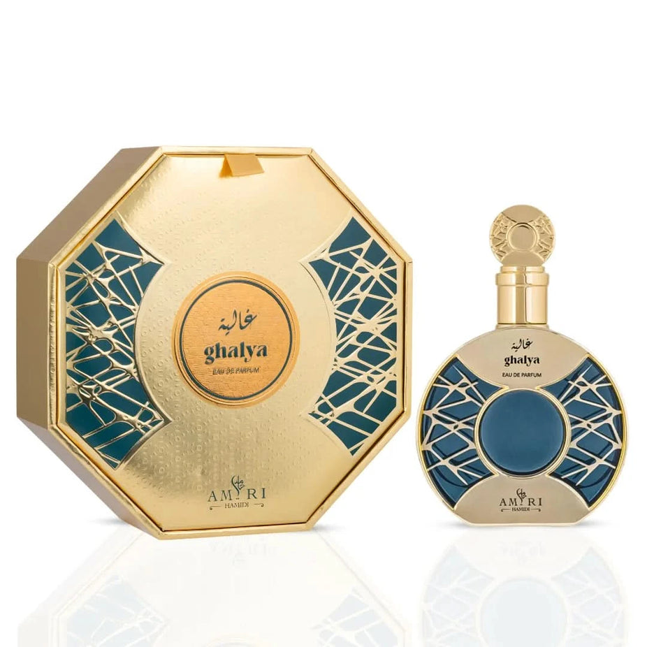 Hamidi Al Qaiser Amiri and Ghalya Amiri Eau de Parfum Spray bundle, 100ml bottles, featuring elegant glass bottles with decorative caps.