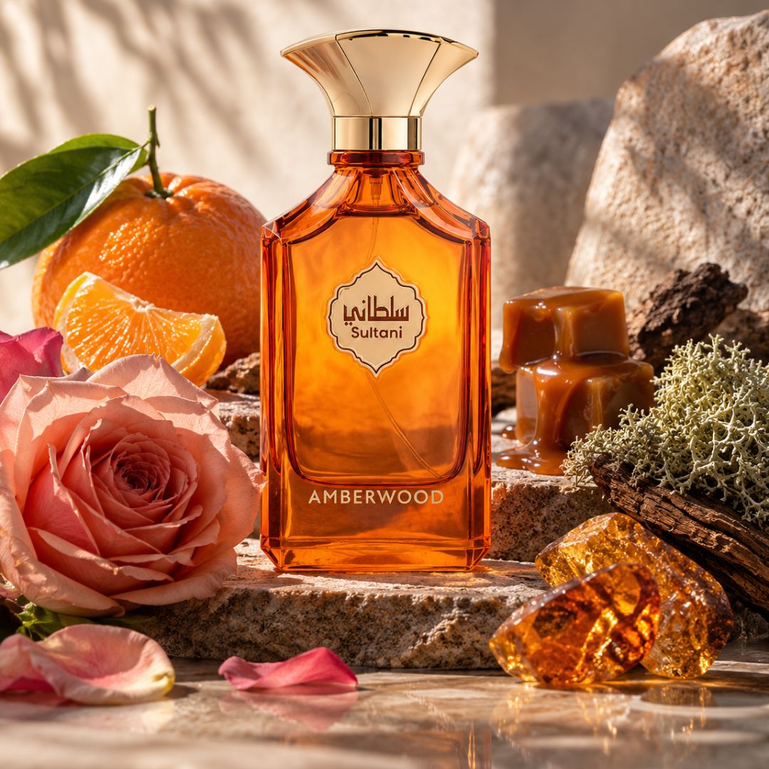 Arabian Oud Sultani Amberwood Eau de Parfum spray 100ml with elegant bottle, showcasing amber and woody scent notes.