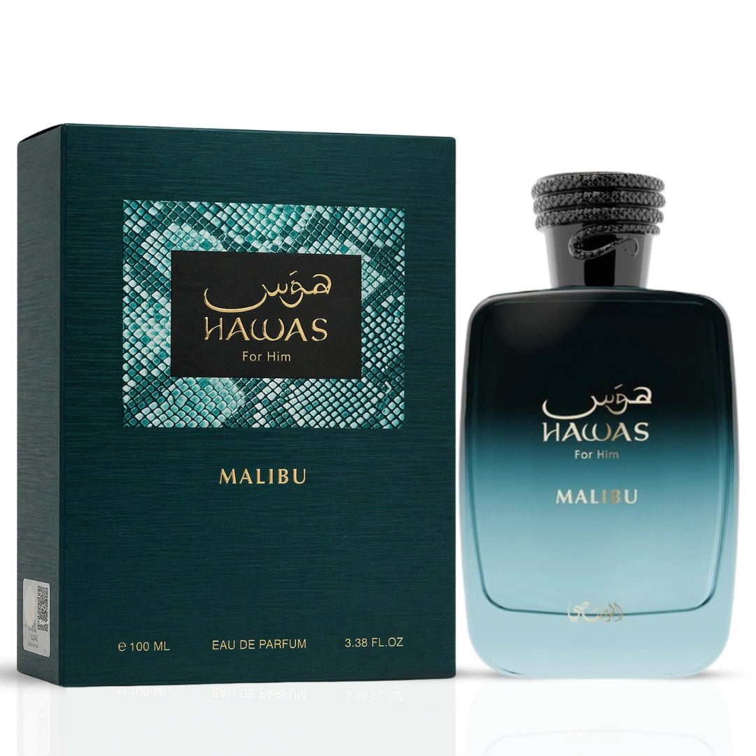 Rasasi Hawas Malibu and Hawas Ice for Men Eau de Parfum bundle, 100ml bottles, featuring sleek bottles with vibrant labels.