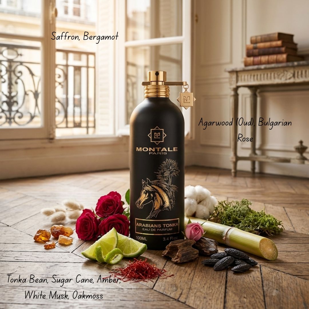 Montale Arabians Tonka Eau de Parfum spray bottle, 100ml, with elegant packaging and floral and woody fragrance notes.