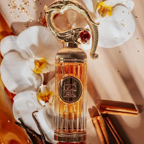 Lattafa Sehr Eau de Parfum Spray 100ml with velvet pouch, showcasing the elegant bottle and packaging.