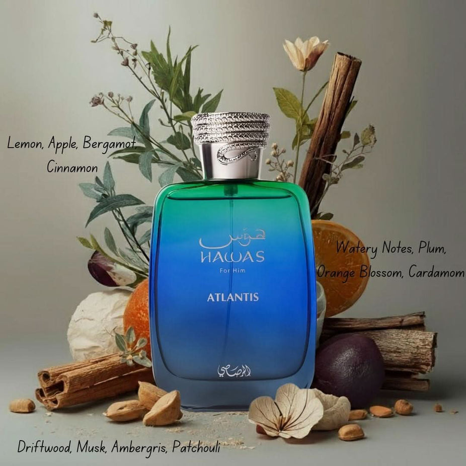 Rasasi Hawas Atlantis Eau de Parfum spray bottle, 100ml, with elegant packaging and clear branding on the box.