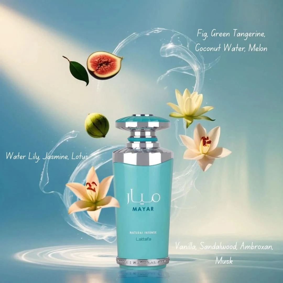 Lattafa Mayar Natural Intense Eau de Parfum spray 100ml and all-over spray 150ml bundle, featuring elegant glass bottles.