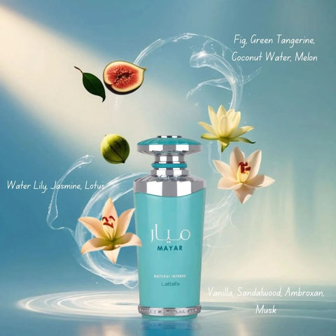 Lattafa Mayar Natural Intense Eau de Parfum spray 100ml and all-over spray 150ml bundle, featuring elegant glass bottles.