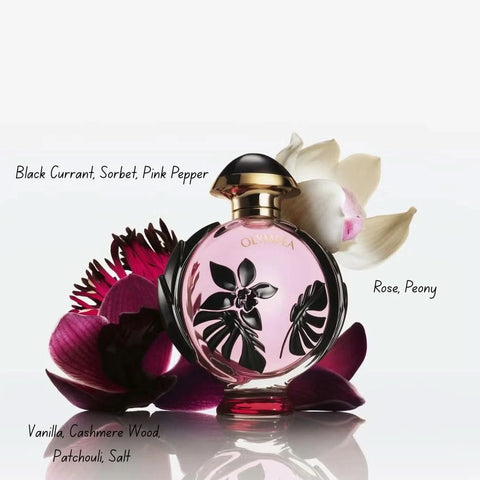 Paco Rabanne Olympea Flora Eau De Parfum Intense spray bottle, 50ml, showcasing elegant packaging and fragrance details.