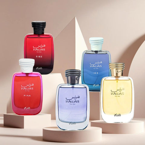 Hawas Men, Hawas Ice, Hawas Fire, Hawas Her & Hawas Pink Eau de Parfum Sprays 100ml by Rasasi | The Ultimate Hawas Collection (Bundle) - Intense Oud