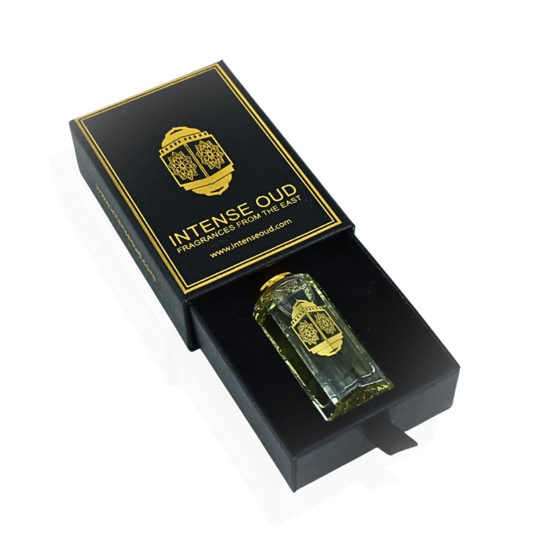 Intense Oud Emperor Perfume Oil 12ml in black gift box, showcasing the sleek loose oil bottle with elegant packaging.