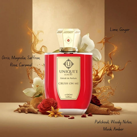 Crush On Me Extrait de Parfum 100ml by Unique'e Luxury, elegant glass bottle of EDP perfume with a sleek design.