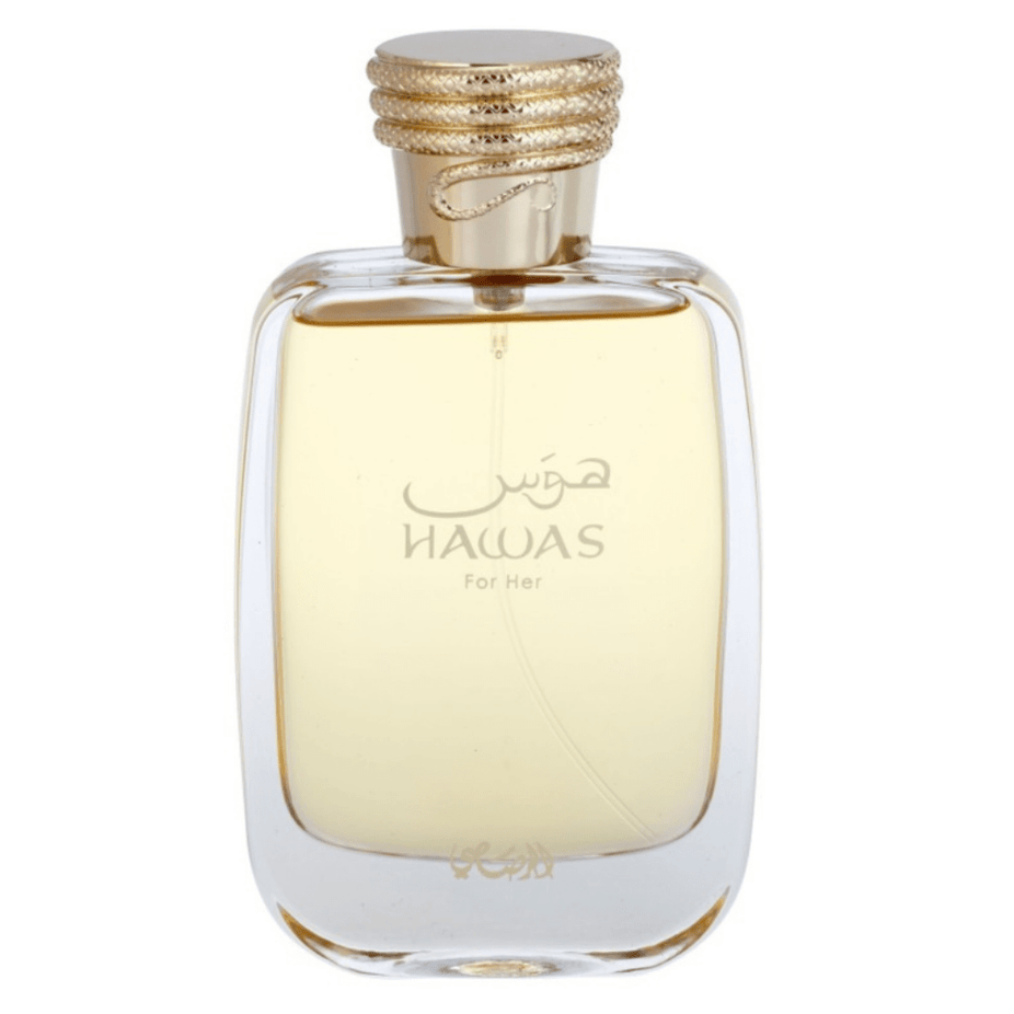 Rasasi Hawas for Her Eau de Parfum spray 100ml bottle, elegant packaging with floral and fruity fragrance notes.
