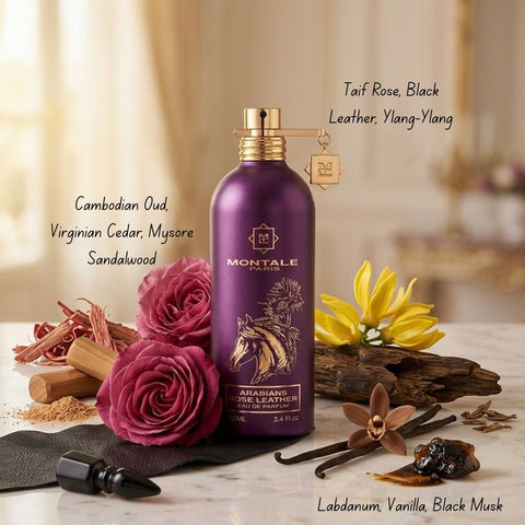 Montale Arabians Rose Leather Eau de Parfum spray 100ml bottle with elegant design and floral rose and leather accents.