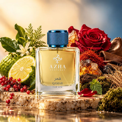 Qamar Eau de Parfum Spray by AZHA, 100ml bottle with elegant packaging and floral fragrance design.