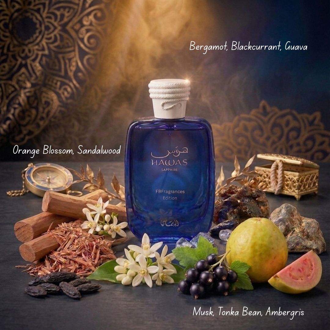 Hawas Sapphire fresh citrus fragrance with bergamot, blackcurrant, guava, sandalwood and tonka bean notes.