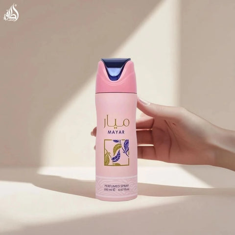Lattafa Mayar Deodorant Spray 200ml bottle with clear label, white spray nozzle, and cap, standing upright.