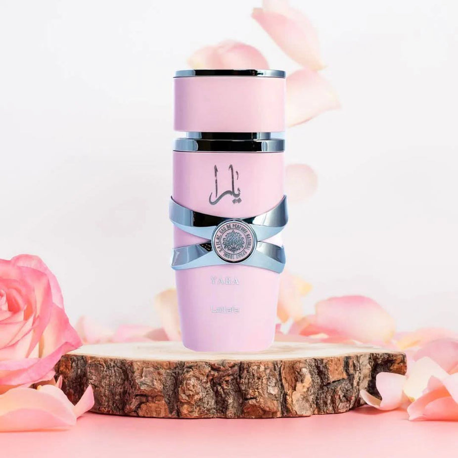 Lattafa Yara & Angham Eau de Parfum spray bundle, 100ml each, featuring elegant perfume bottles with floral and oriental scents.