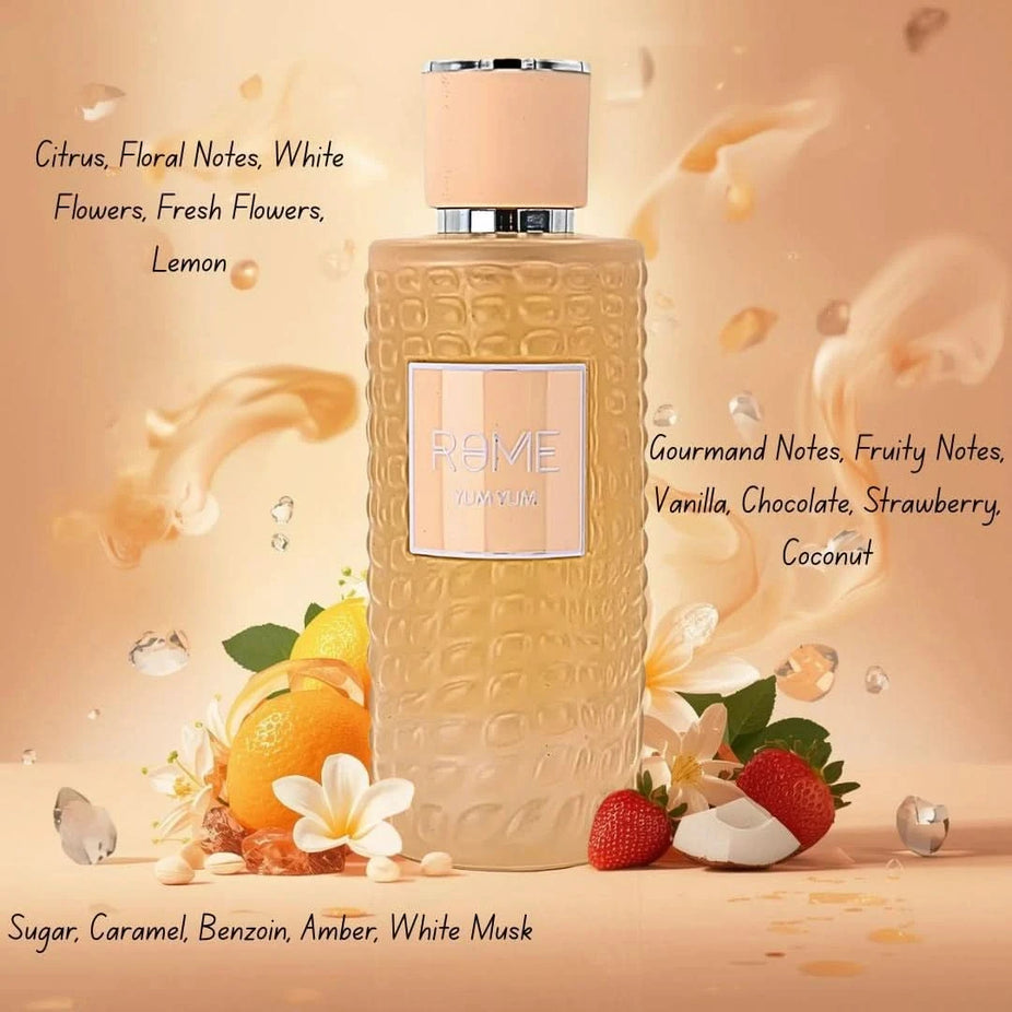 Rome Yum Yum Eau De Parfum Spray by Mast Perfume, 100ml bottle with elegant design and floral fragrance, shown in the image.
