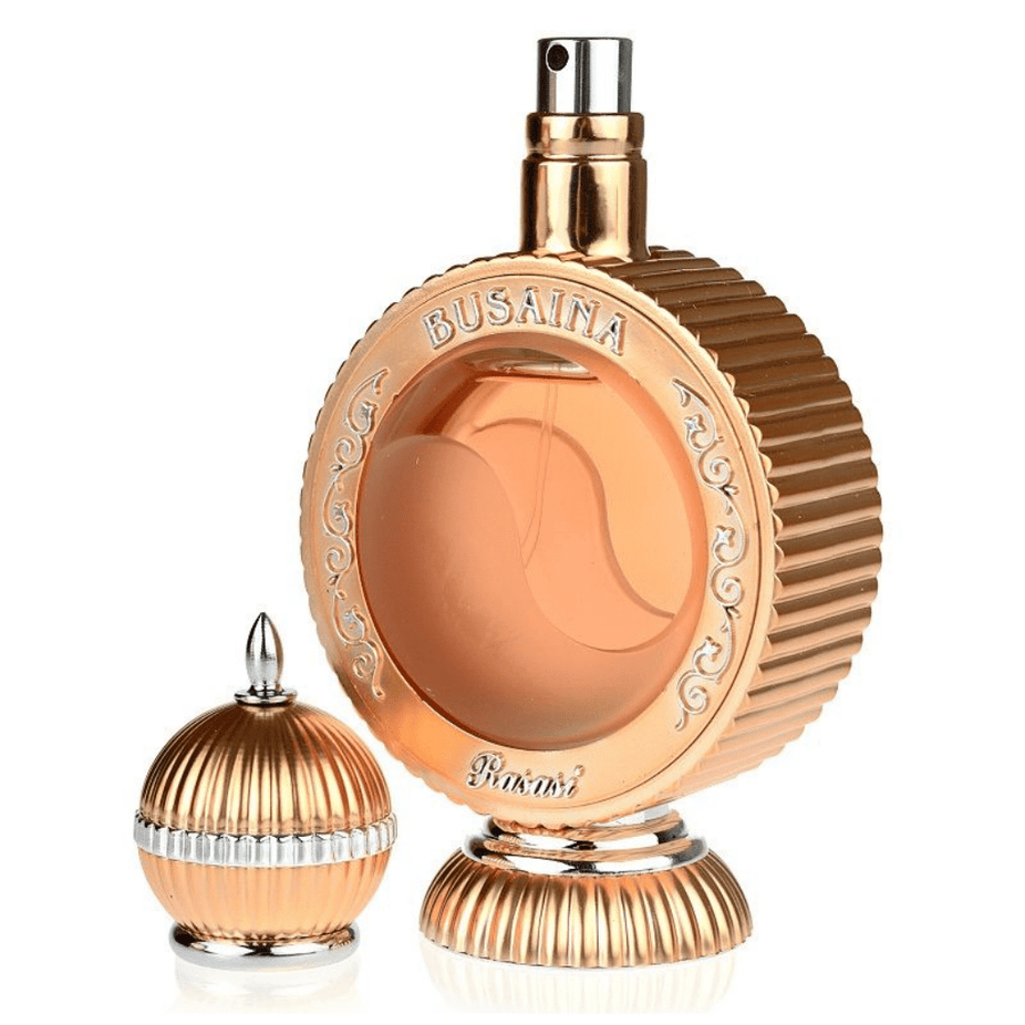 Rasasi Busaina for Women EDP 50ml perfume bottle with velvet pouch, elegant floral and woody scent, stylish packaging.