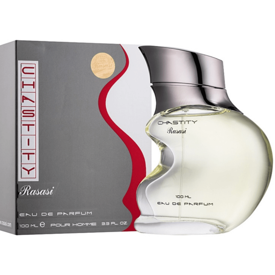 Rasasi Chastity for Men Eau De Parfum 100ml bottle with sleek design and clear label, showcasing the fragrance packaging.