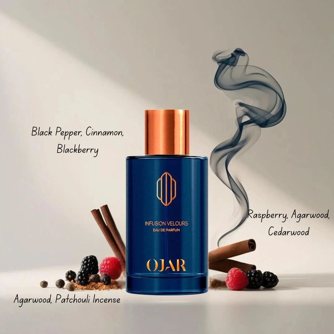 Ojar Infusion Velours Eau De Parfum spray 100ml with elegant bottle, showcasing luxurious fragrance and sophisticated design.