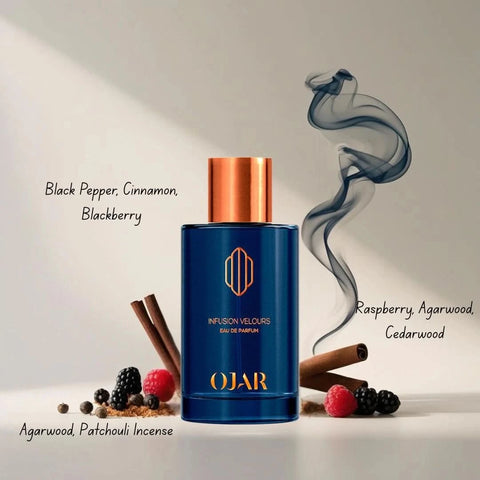 Ojar Infusion Velours Eau De Parfum spray 100ml with elegant bottle, showcasing luxurious fragrance and sophisticated design.